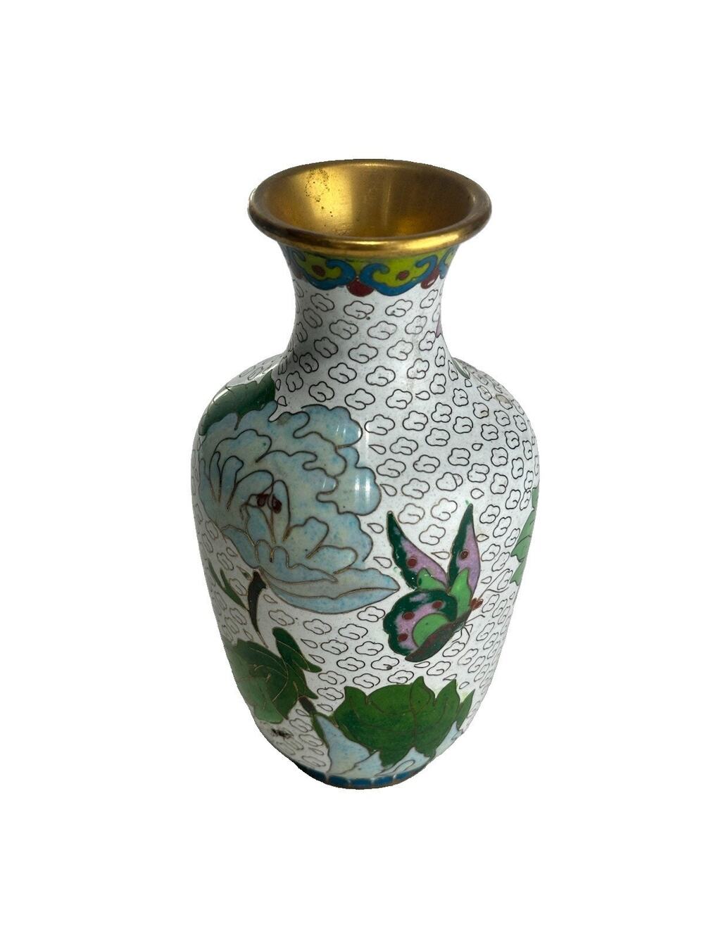 vintage chinese cloisonne vase brass white enamel peony bird butterfly decor